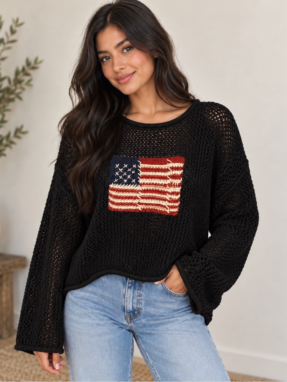Zenana Open Knit American Flag Sweater | Black 🇺🇸